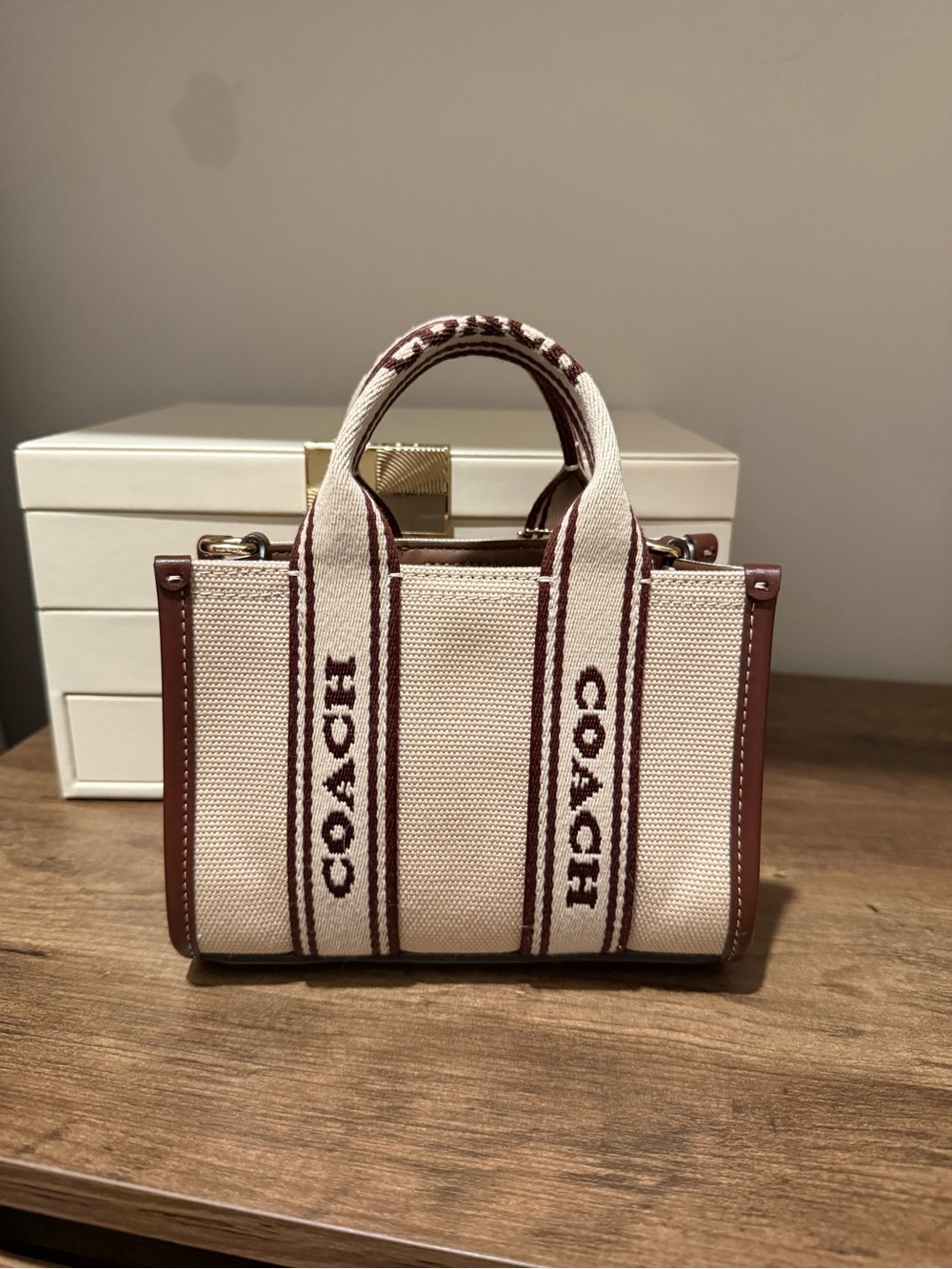 COACH Cream Canvas Mini Tote with Brown Trim and Logo Stripes